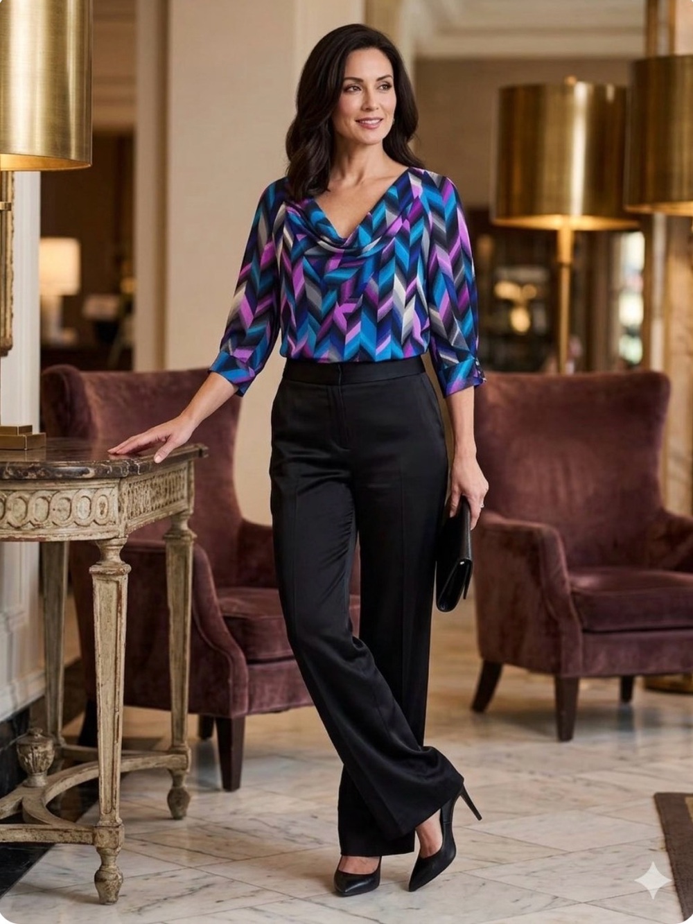 Trina Turk silk chevron draped cowl neck blouse top small jeweled tones